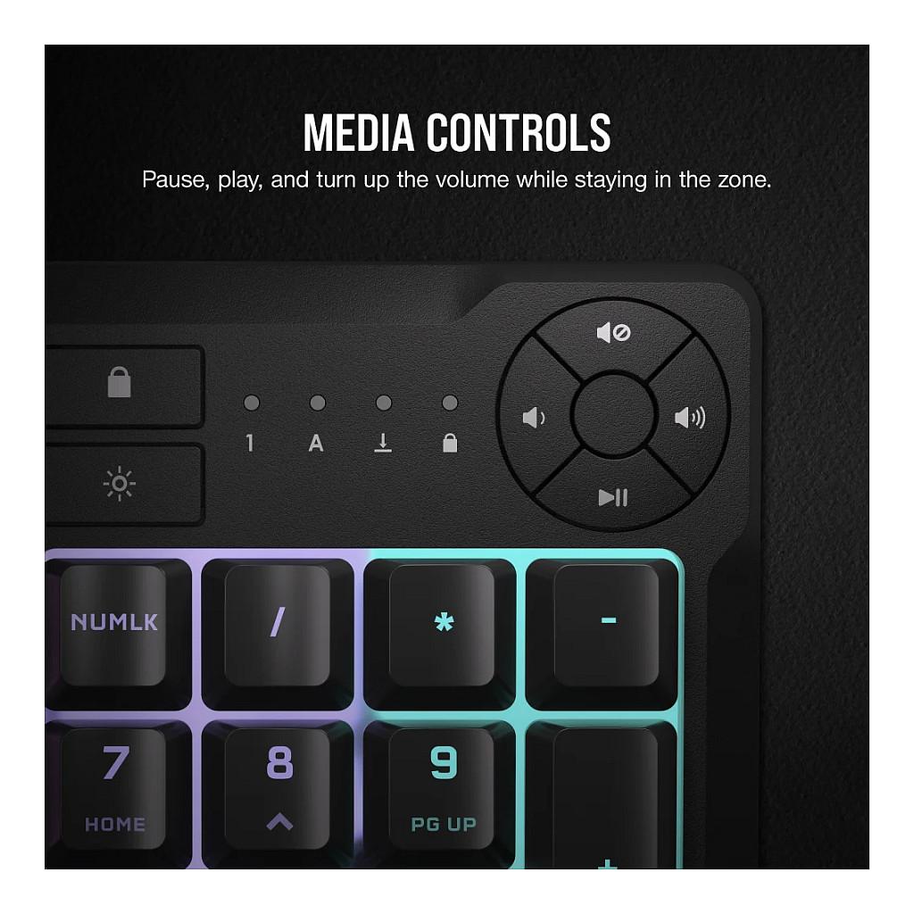 Tastierë Gaming Corsair K55 Core RGB / QWERTZ (DE) / Membrane / 110 Taste / 10-Zone RGB / 1000 Hz / 12-Key Rollover / 6 Makro / USB-A – Zezë - 2