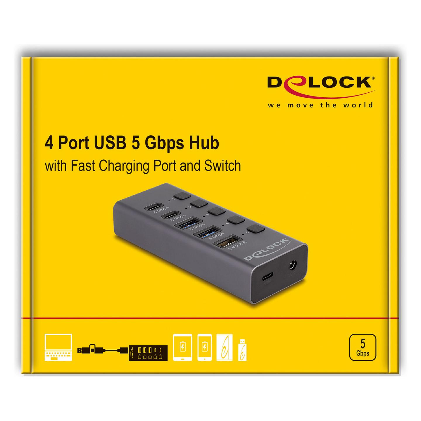 Hub USB DeLOCK 64248, 2x USB-A, 2x USB-C, USB 5 Gbps, Portë Karikimi USB-A 2.4A, 5 Ndërprerës, Kuti Metalike – Gri - 4