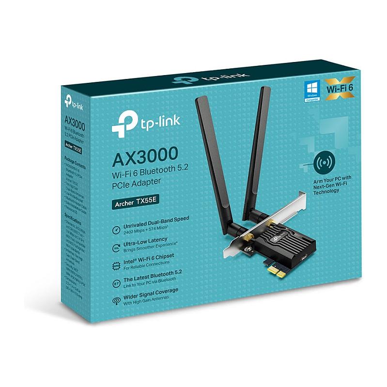 Karta të Rrjetit TP-Link Archer TX55E, PCI Express x1, Dual-Band 2.4GHz + 5GHz, deri në 2402 + 574Mbps, Wi-Fi 6, Bluetooth 5.2, 2x Antenë High-Gain - 2