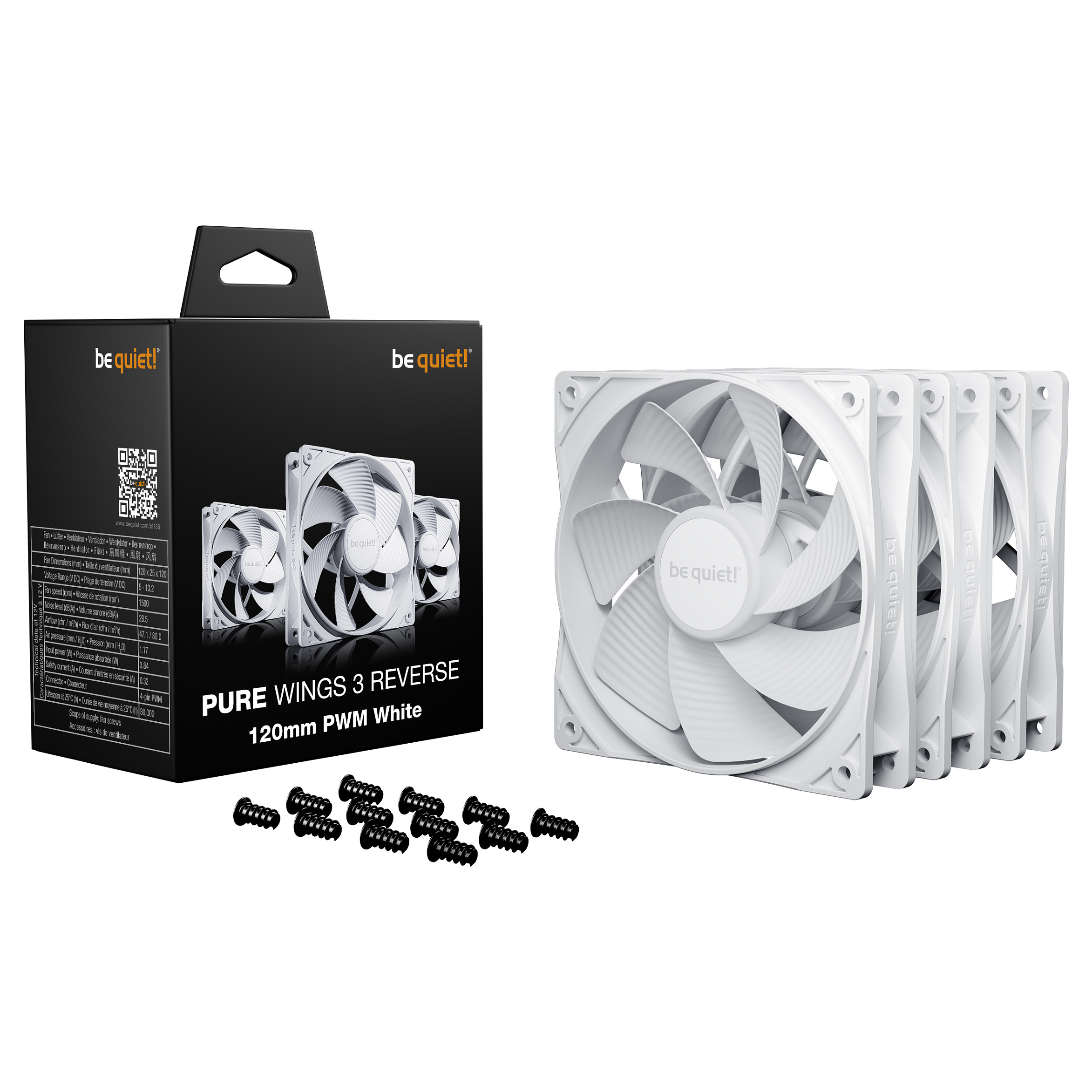 Ftohës për Kasë be quiet! Pure Wings 3 Reverse / 120mm / 1500 RPM / PWM / 3-Pack – Bardhë - 3