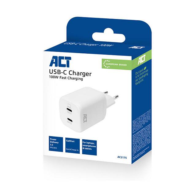 Karikues ACT AC2175, USB-C, 100W, 2 Porta, Power Delivery 3.2, PPS, AVS, Quick Charge 4+, GaNFast - Bardhë - 2