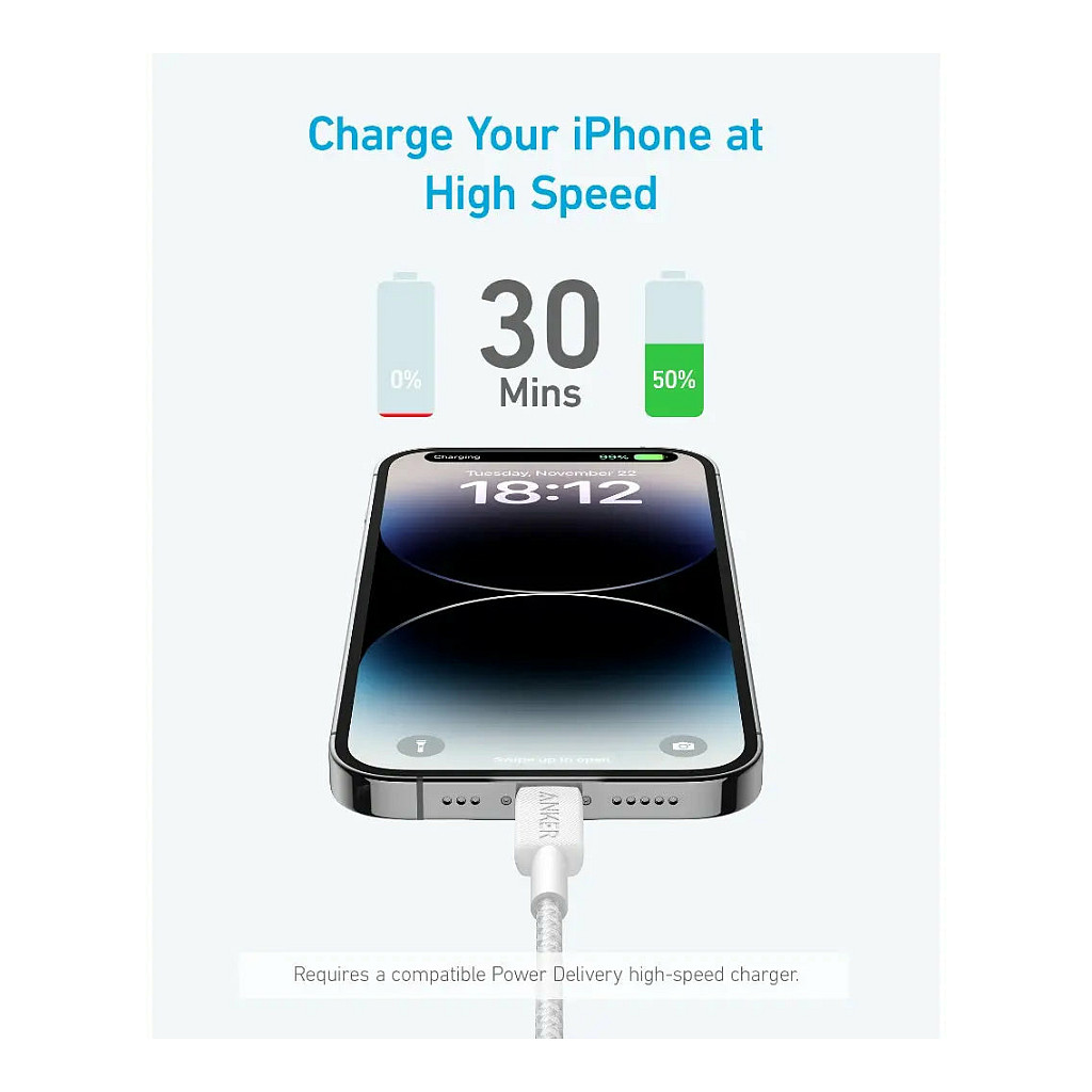 Kabllo USB Anker 322 / USB-C në Lightning / 0.9m / 30W / Nylon - Zezë - 3