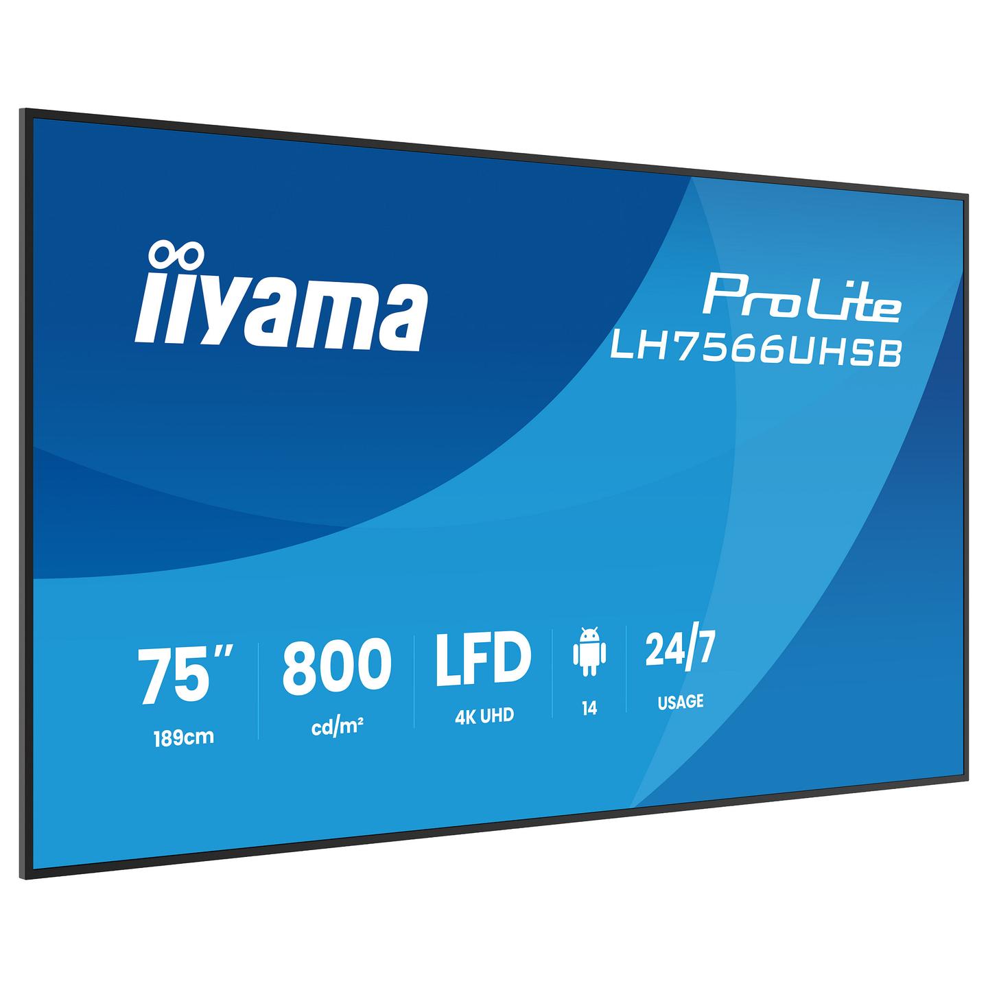 Digital Signage iiyama ProLite LH7566UHSB-B1AG, 75", 4K UHD, VA, 800cd/m², 4GB, 32GB, Wi-Fi, 2xHDMI, USB-C, 2xUSB, RJ45 - Zezë - 3