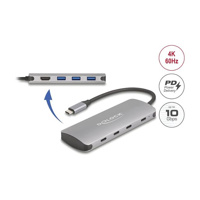 Hub USB DeLOCK 64323 / USB 10 Gbit/s / 3x USB-A + 4x USB-C / HDMI 4K @ 60Hz / Power Delivery 90W / 0.15 m - Gri - 2