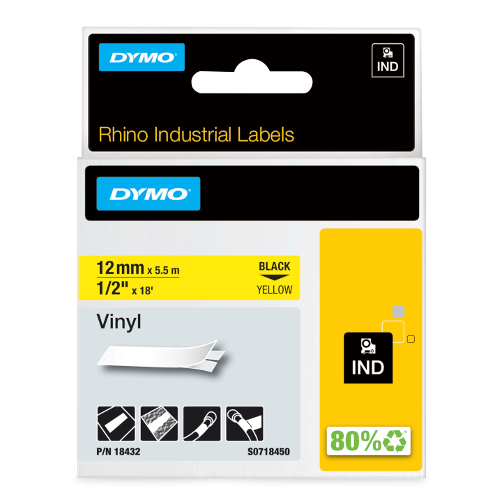 Shirit për Printer 3D Dymo Colour Ribbon Rhino Industrial Vinyl / 18432 - Zezë mbi Verdhë