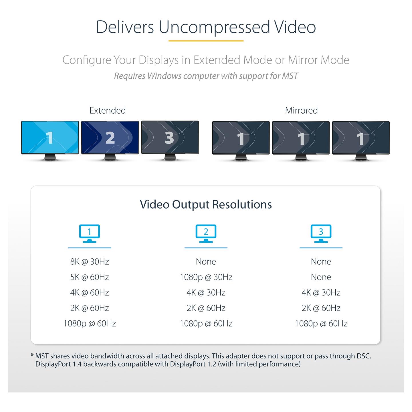 Kabllo DisplayPort StarTech.com MST14DP123DP / DisplayPort 1.4 / 1 në 3 DisplayPort / MST / 8K 30Hz - Zezë - 10
