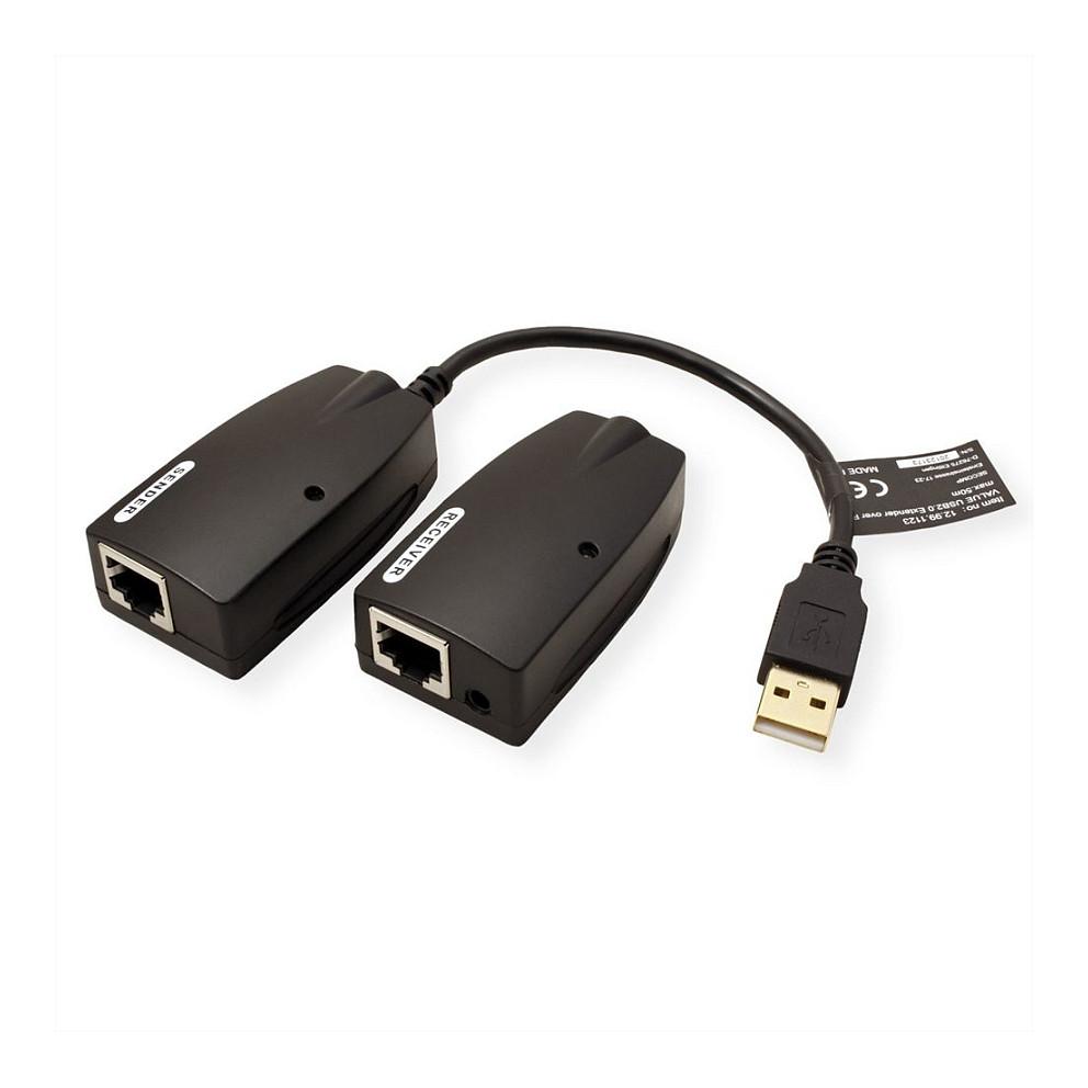 Zgjatues USB VALUE 12.99.1123, USB 2.0, RJ45, deri në 50 m - Zezë - 2