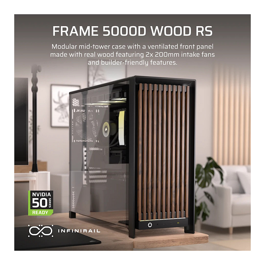 Kasë PC Corsair FRAME 5000D WOOD RS / Mid Tower / E-ATX / 2x 200mm + 1x 140mm Fan / Tempered Glass / Wood / 420mm Radiator - Zezë - 4
