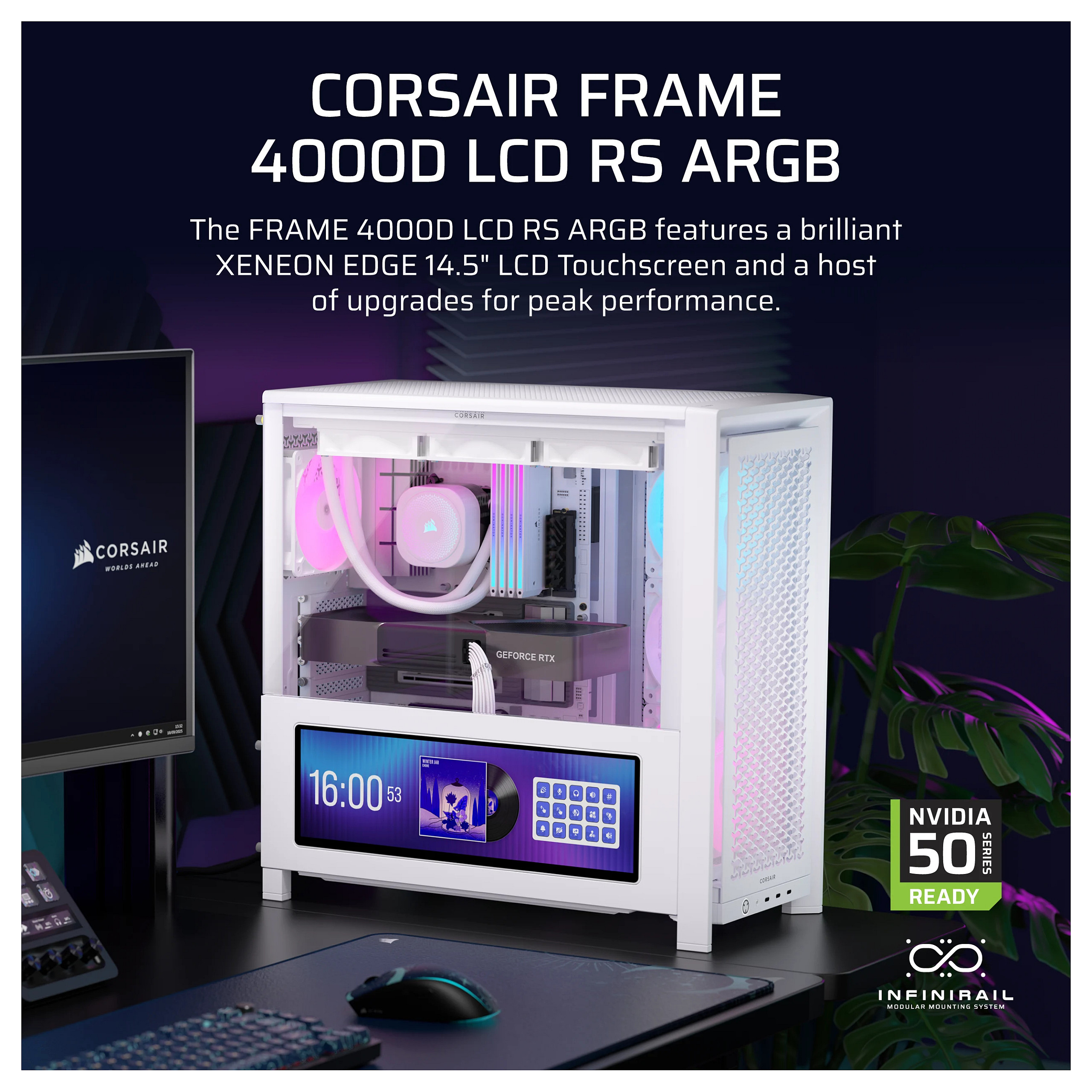 Kasë PC Corsair FRAME 4000D LCD RS ARGB / Midi Tower / E-ATX + ATX / 3x 120mm + 1x 120mm RS120 ARGB Fan / 14.5" LCD / Tempered Glass - Bardhë - 3