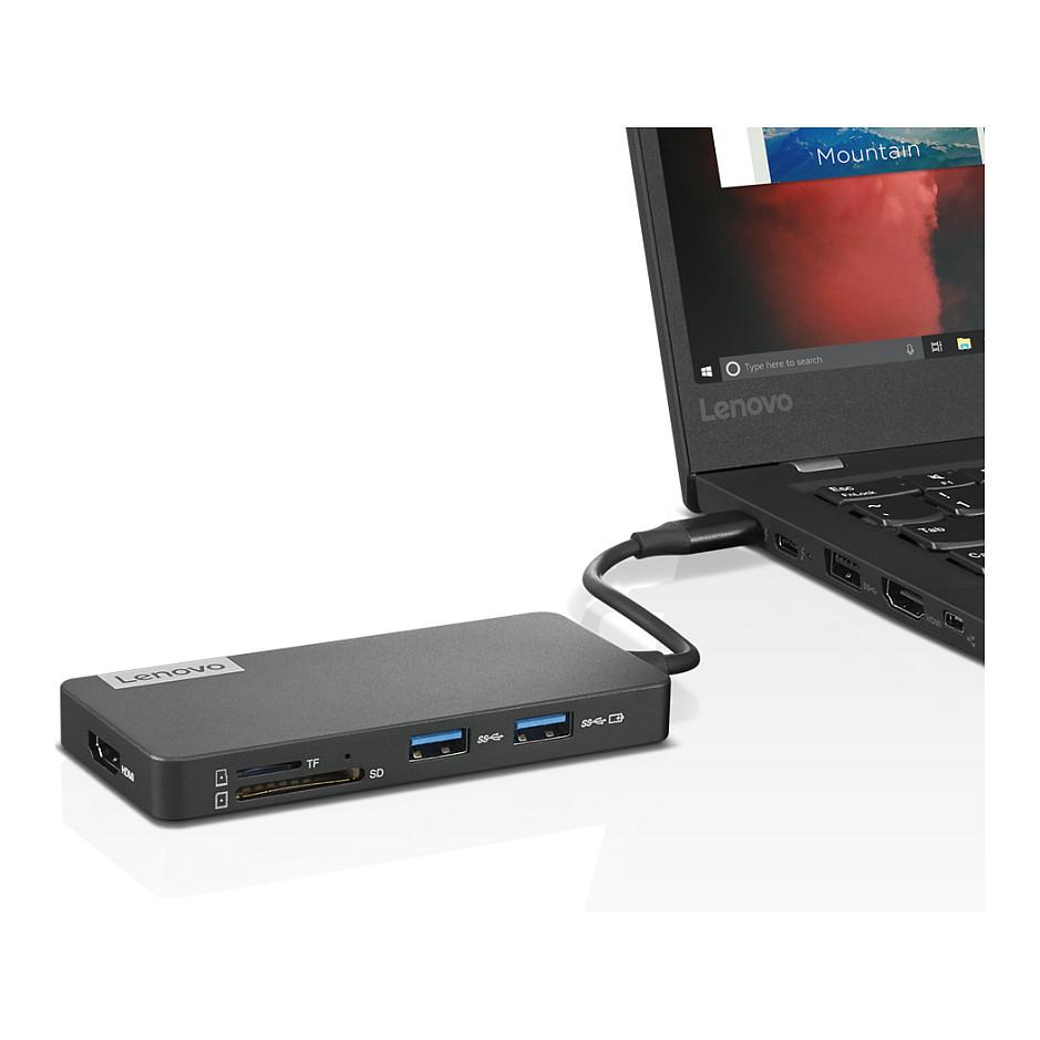 Hub Lenovo GX90T77924, 2x USB-A 3.0, USB-A 2.0, HDMI 1.4, SD, microSD, USB-C për karikim, 4K 30Hz - Gri - 4