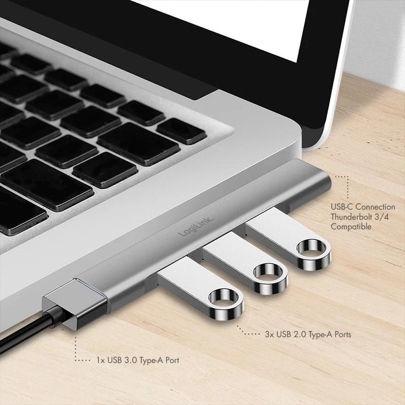 Hub USB-C LogiLink UA0437, 1x USB-A 3.0, 3x USB-A 2.0, 5Gbps, alumin - Argjend - 3