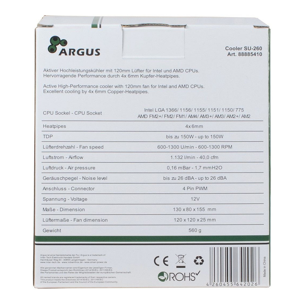 Ftohës për Procesor Inter-Tech Argus SU-260 / 150W TDP / 120mm PWM Fan / 4 Heatpipe / LGA775/115x/1366 / AM2/AM3/AM4/FM – Zezë - 4