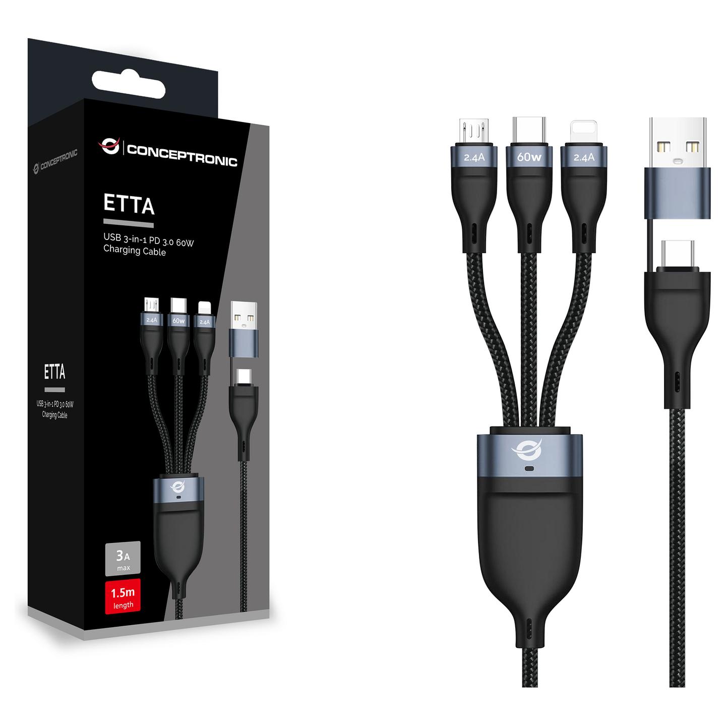 Kabllo USB Conceptronic ETTA05B15 / USB-C në USB-C + Micro-USB B + Lightning / USB 2.0 / 480 Mbit/s / PD 3.0 60W / 1.5m - Zezë - 2