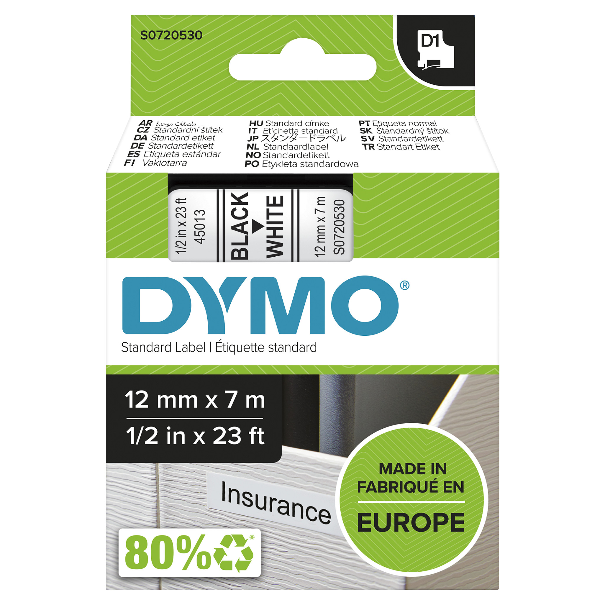 Shirit Etiketimi DYMO D1 Standard / 12 mm x 7 m / E zezë në Bardhë - 18