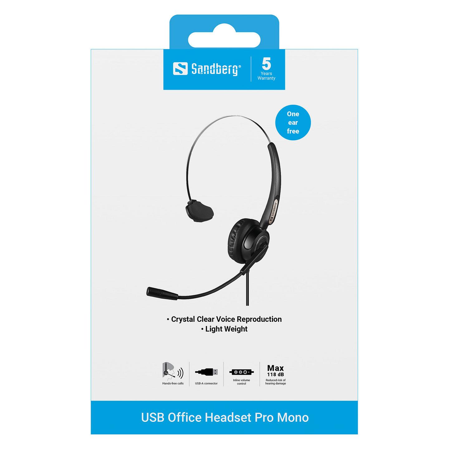 Kufje me kabllo Sandberg USB Office Headset Pro Mono 126-14 / Mono / USB-A / 30mm / 20-7000Hz / Mikrofon / 2.1m - Zezë - 4