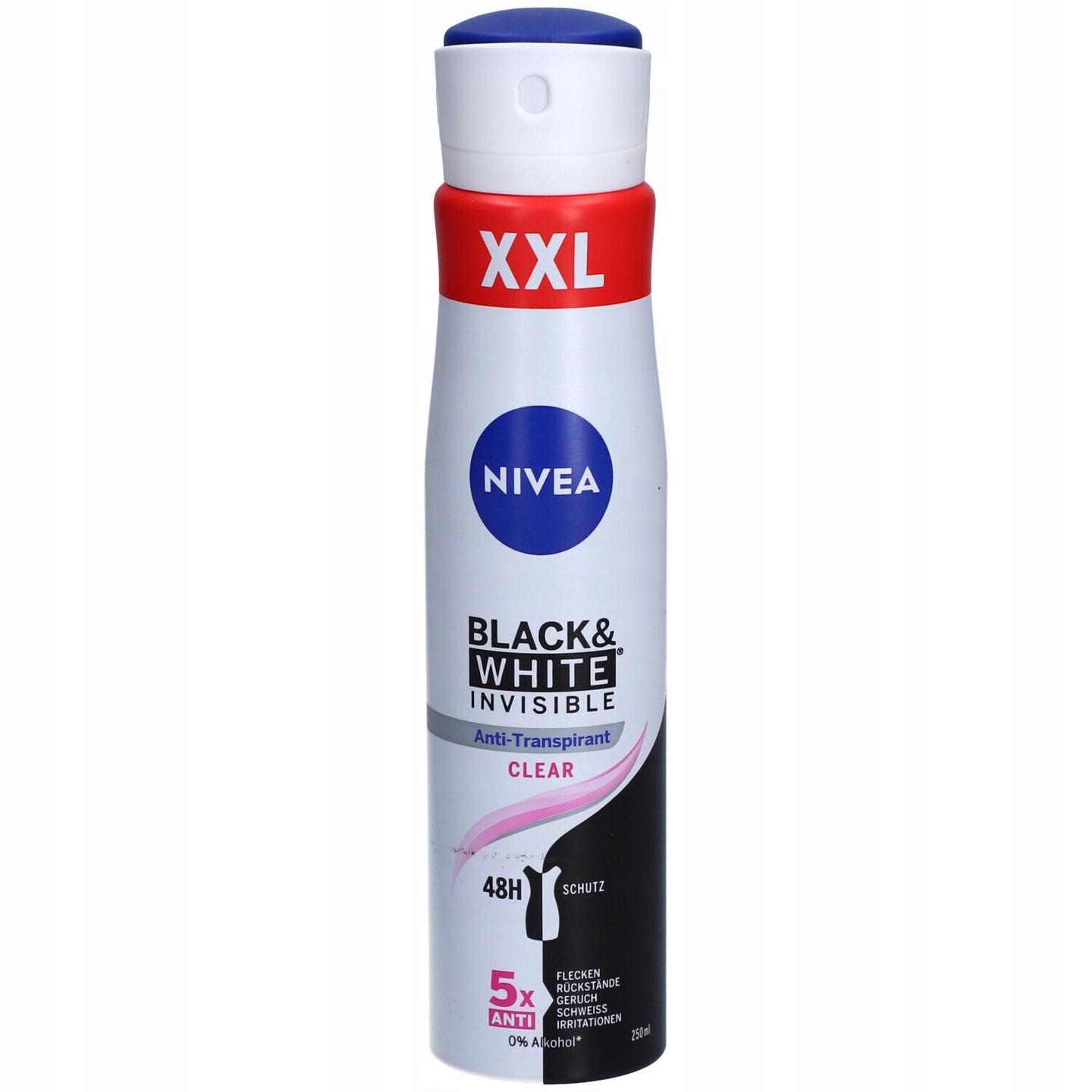 Deodorant Sprej NIVEA Black & White Invisible Clear / 72H Mbrojtje / 0% Alkool / XXL / 250 ml