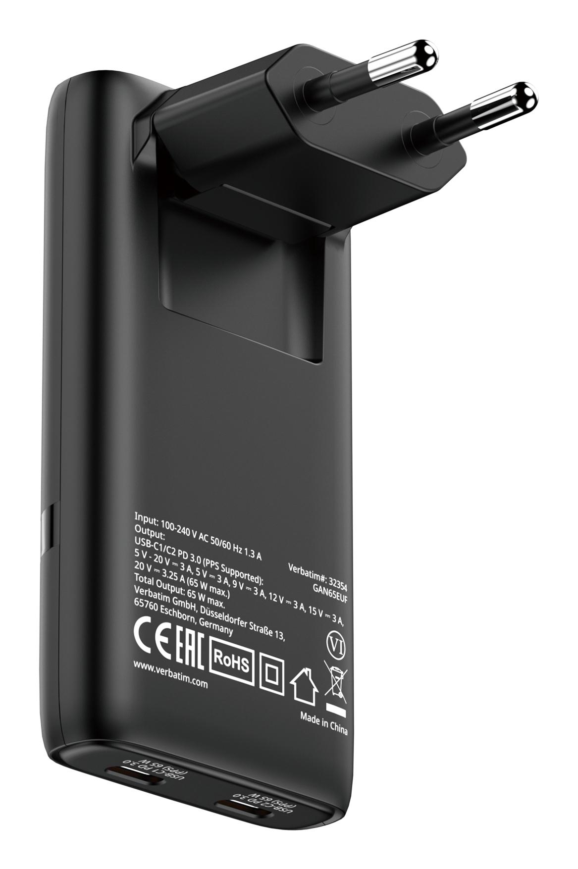 Karikues Verbatim Fold ’n’ Go GaN / 32354 / 65W / 2x USB-C / PD 3.0 / PPS / EU – Zezë