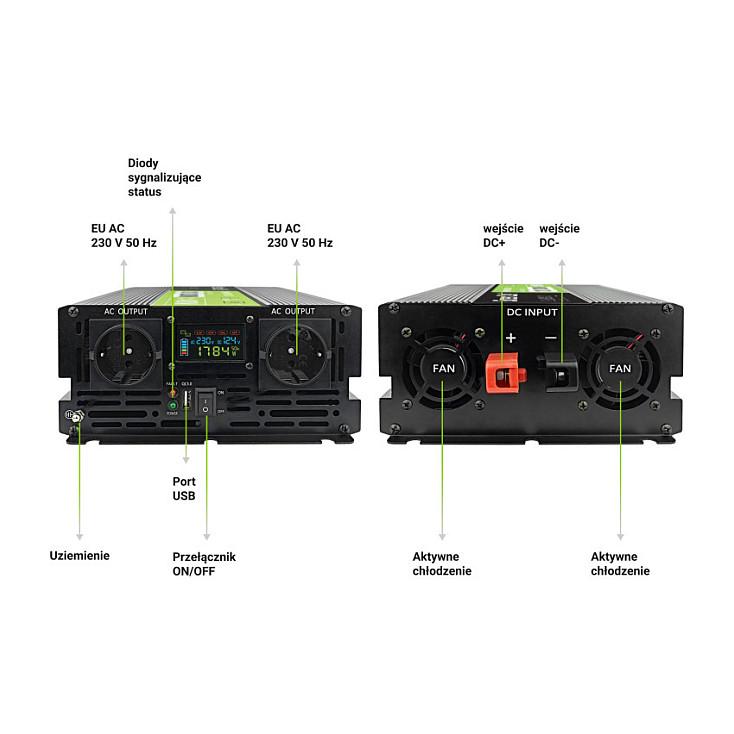 Inverter Green Cell PowerInverter LCD, 12 V, 2000 W, Sinus i pastër, me ekran LCD - Zezë - 4