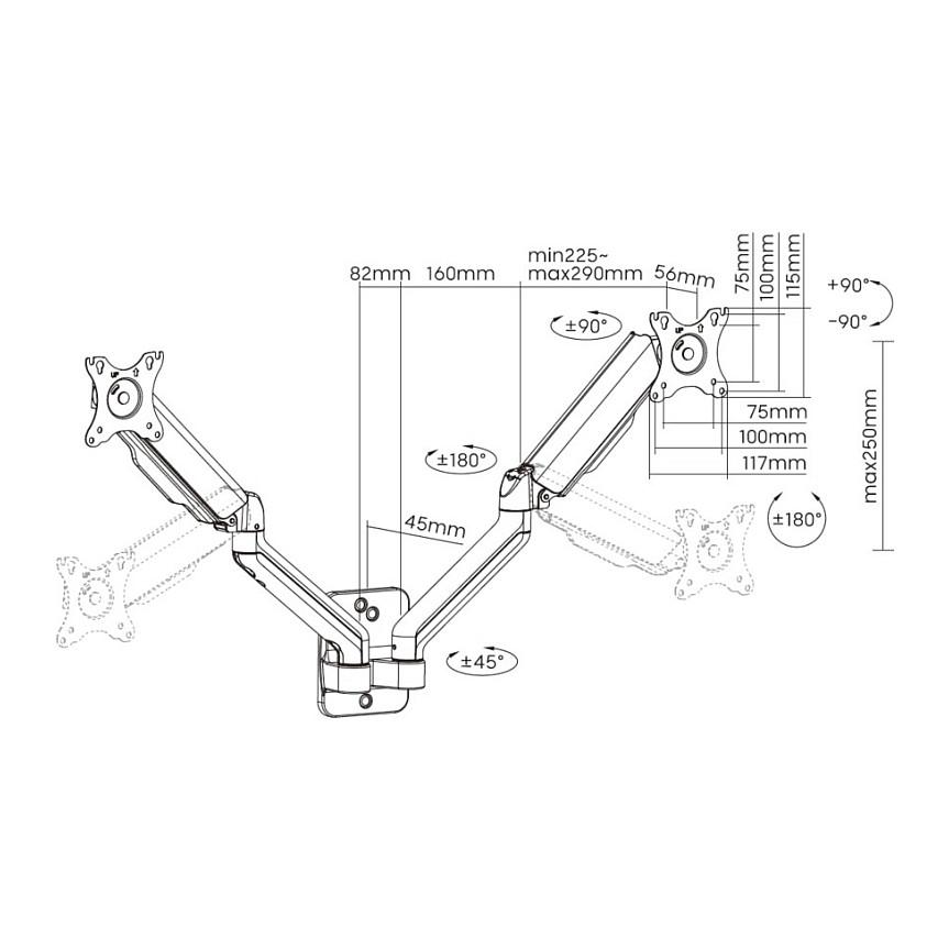 Mbajtëse Muri për Monitor Equip 650138 / 2 Monitorë / 17"-32" / 18kg / Full Motion / Tilt ±90° / Swivel ±90° - Zezë - 13