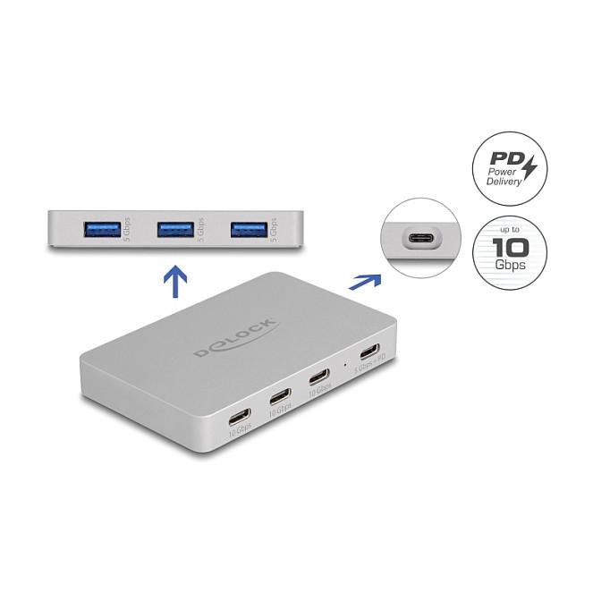 Hub USB DeLOCK 64279 / USB 10 Gbit/s / 4x USB-C + 3x USB-A / Power Delivery 82W / 0.8 m - Gri - 2