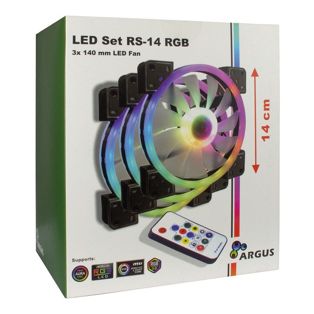 Ftohës për Kasë Inter-Tech Argus RGB-FAN Set RS-14 / 140mm / 25mm / 1200 RPM / PWM / RGB / 26 LED / 3-Pack / Controller – Zezë - 7