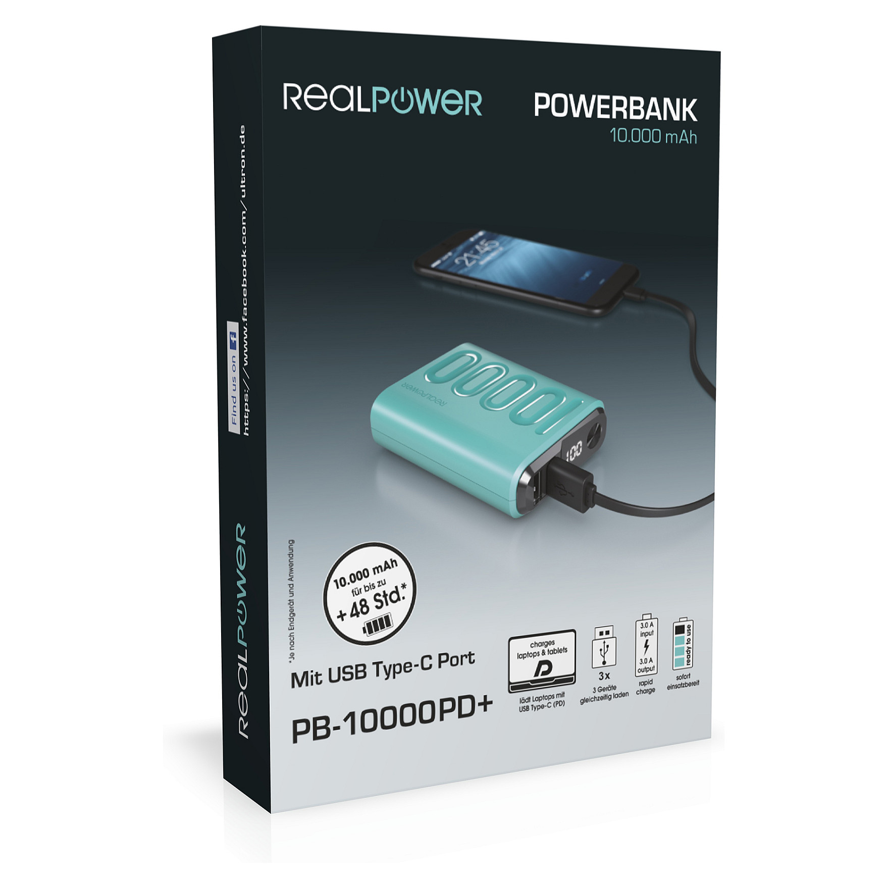 Powerbank RealPower B-10000PD+ Nutopia / 10000mAh / USB-C + 2x USB-A / 22.5W / Power Delivery – Blu - 6