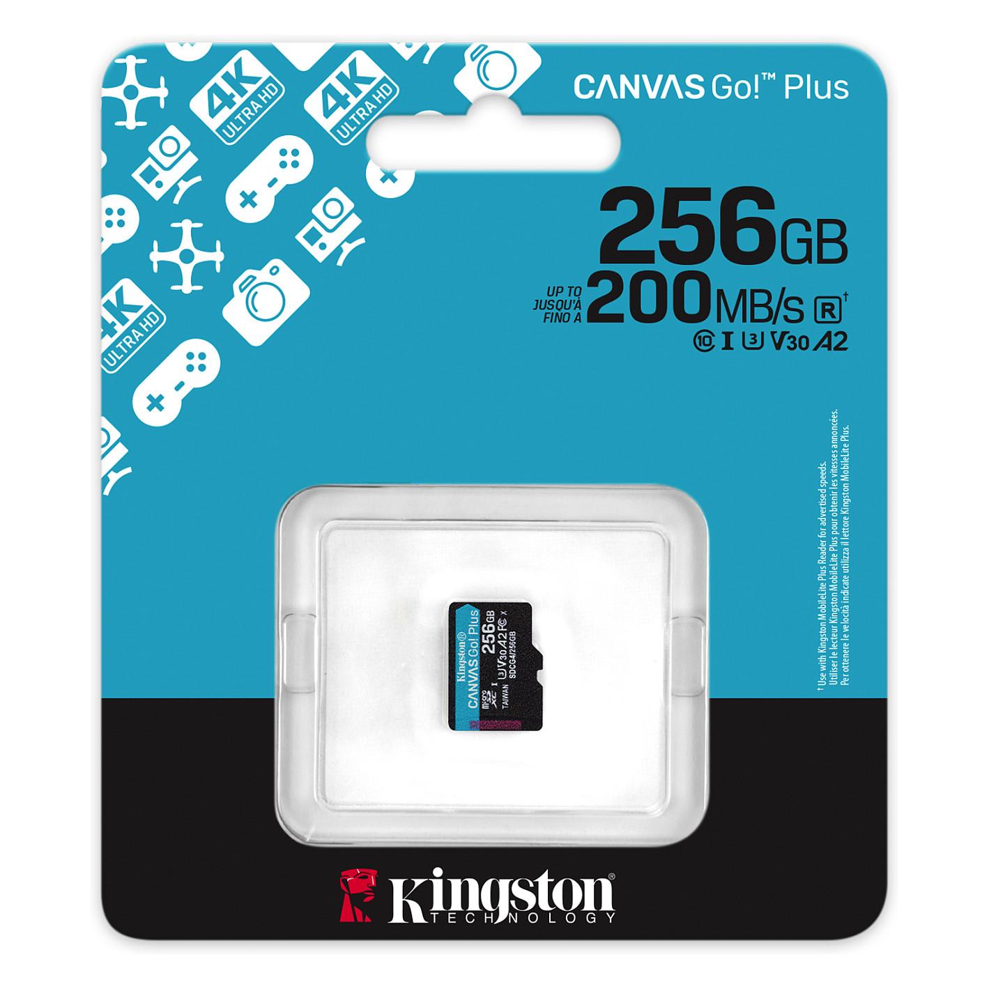 Kartë Memorie SD Kingston Canvas Go! Plus, 256GB, microSDXC, UHS-I, U3, V30, A2, 200MB/s - Zezë - 3