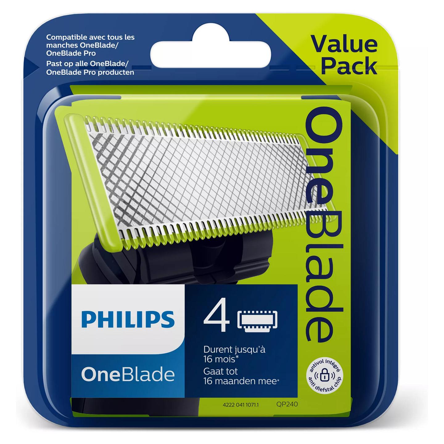 Teh zëvendësues për makinë rroje Philips OneBlade QP240/50 / Dual Protection / Contour-Following / 4 Muaj / 4 Copë - Argjend/Zezë/Gjelbër - 2