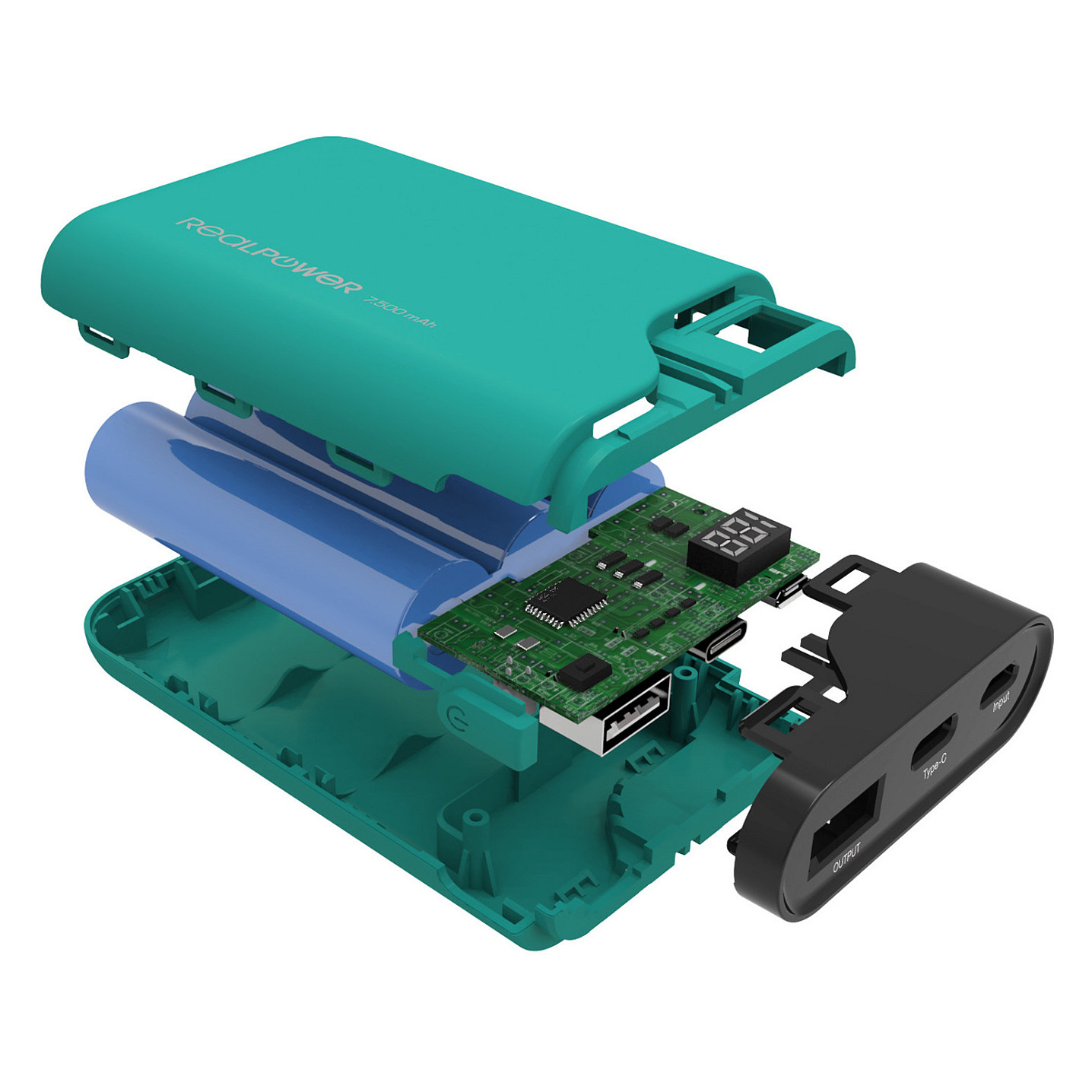 Powerbank RealPower PB-7500C / 7500mAh / USB-A + USB-C / Display – Gjelbër - 5
