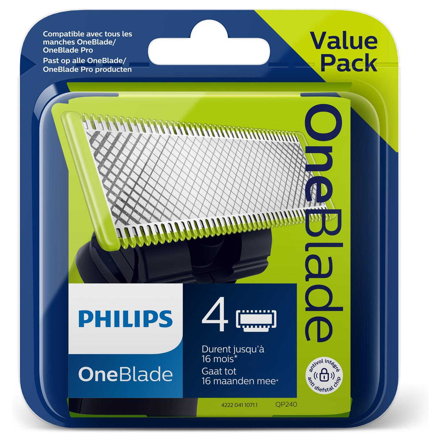 Teh zëvendësues për makinë rroje Philips OneBlade QP240/50 / Dual Protection / Contour-Following / 4 Muaj / 4 Copë - Argjend/Zezë/Gjelbër - 4