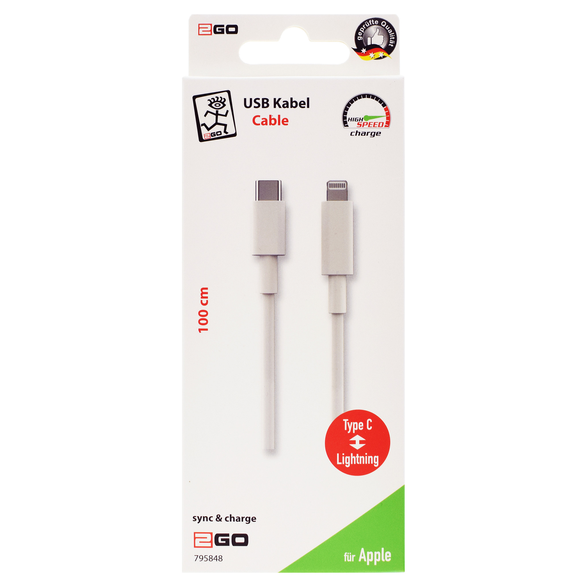 Kabllo 2GO 795848 / USB-C në Lightning / 1m – Bardhë - 2
