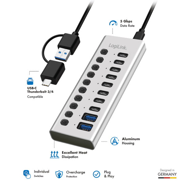 Hub USB-C LogiLink UA0448, 2x USB-A, 8x USB-C, USB 3.2 Gen 1, 5Gbps, me çelësa - Bardhë - 2