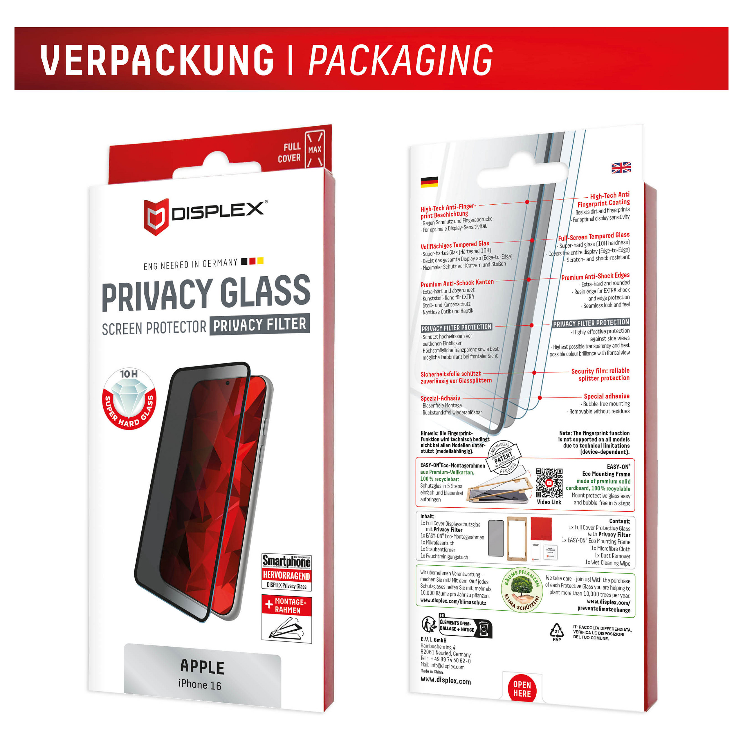 Mbrojtëse për ekran Displex / Apple iPhone 16 / Xham Tempered Glass 10H Privacy 2-Way - Transparente - 10