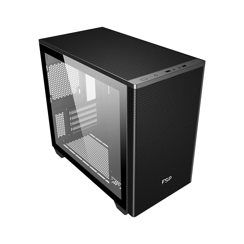 Kasë FSP CST360 B / Micro-ATX Mini-Tower / 2x120mm (1×Para + 1×Prapa) / USB 3.0 + Type-C / Xham i Temperuar + Panel Mesh – Zezë - 2
