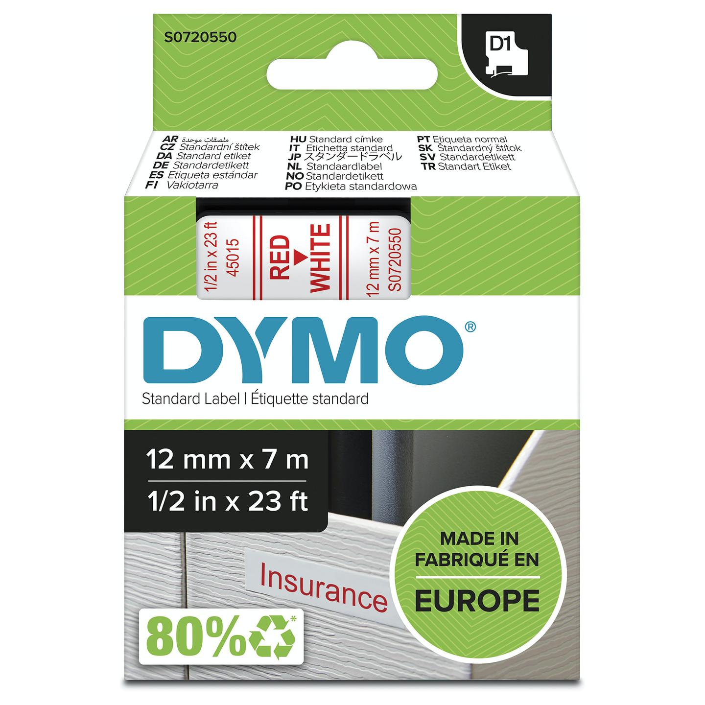Shirit për Printer DYMO D1 / 12 mm × 7 m - Kuqe mbi Bardhë - 2