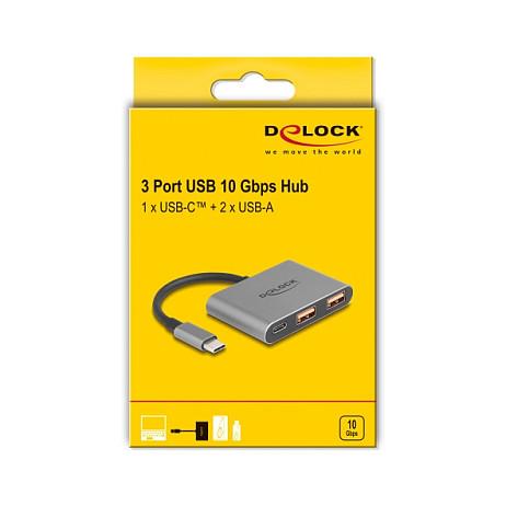 Hub USB DeLOCK 64337 / 3 Porta / 1× USB-C + 2× USB-A / 10 Gbps / 0.1 m - Gri - 4
