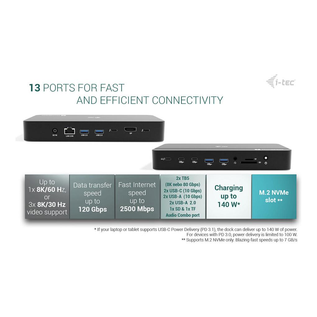 Docking Station i-tec TB5TRIPLEDOCKM2PD / 2x Thunderbolt 5 / 4x USB-A / 2x USB-C / DisplayPort / 2.5GbE / M.2 NVMe / SD-microSD / 140W PD – Zezë - 12