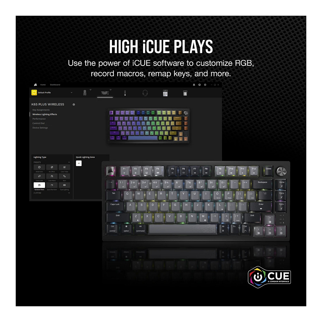 Tastierë Gaming CORSAIR K65 Plus Wireless / Mechanical / 75% / MLX Red / RGB / QWERTZ DE / 2.4GHz / Bluetooth / USB - Zezë/Hiri - 13