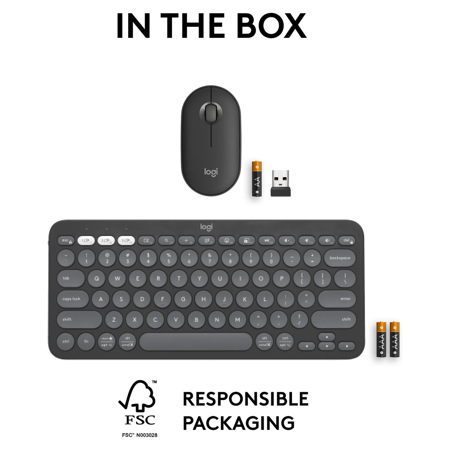 Combo (Tastierë & Maus) Logitech Pebble 2 Combo, Mini, QWERTY US International, Bluetooth + Logi Bolt, 4000 DPI - Grafit - 12