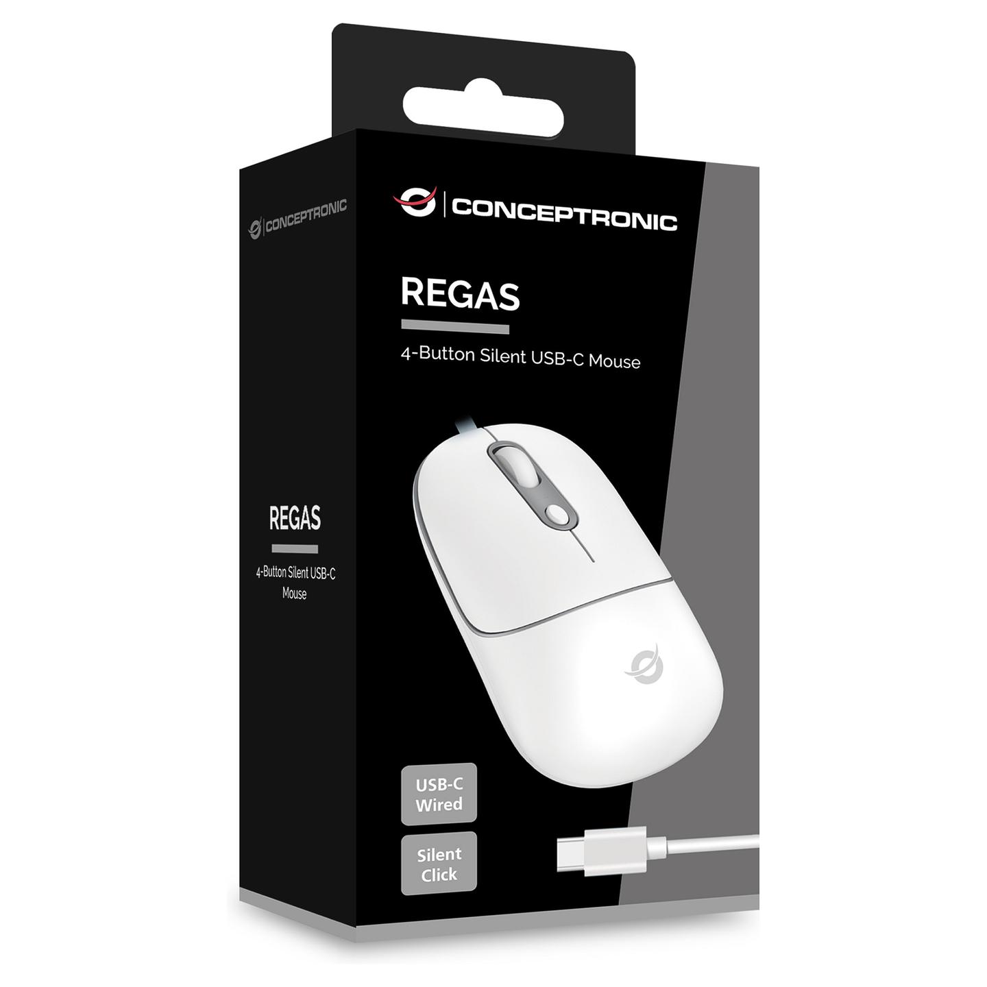 Maus me kabllo Conceptronic REGAS02W, USB-C, Optik, 800–2400 DPI, 4 Butona, Klikime të Heshtura, 1.5 m – Bardhë - 3