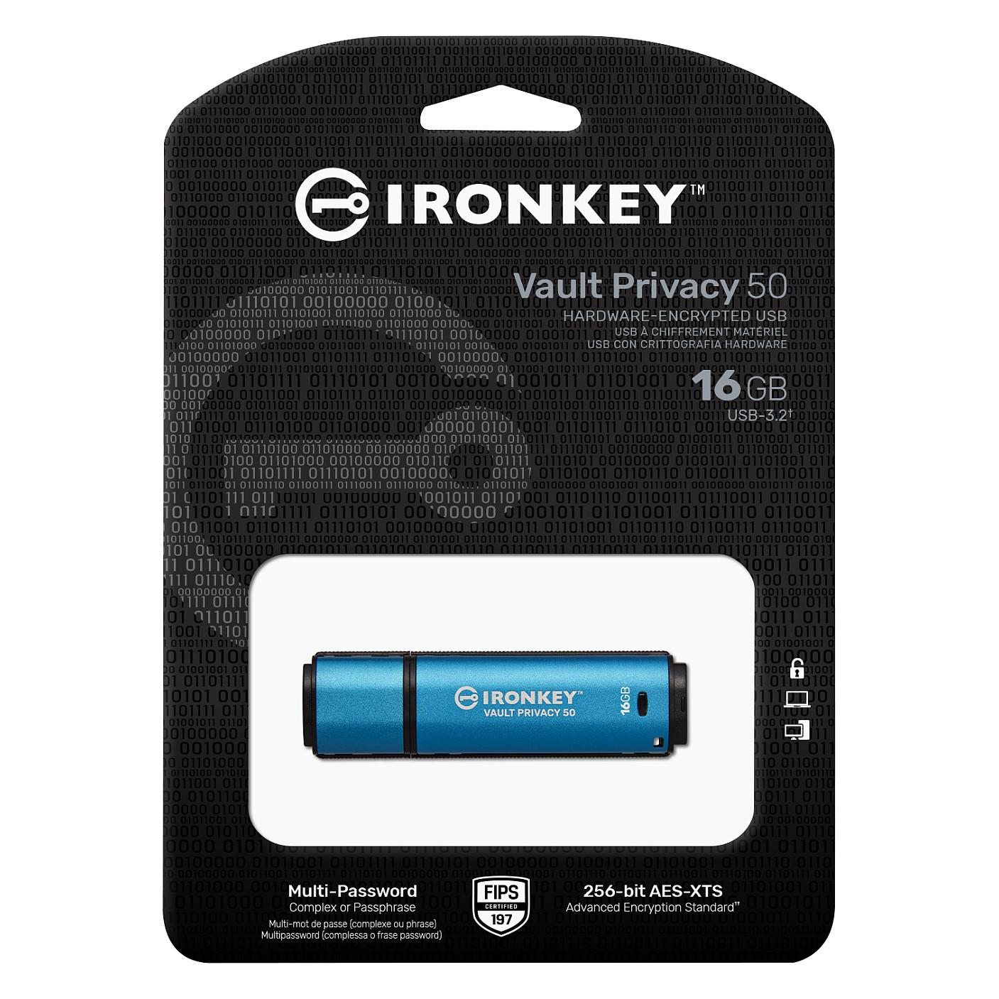 USB Flash Drive Kingston IronKey Vault Privacy 50 / IKVP50/16GB / 16GB / USB 3.2 Gen 1 / 250MB/s / 180MB/s / AES-XTS 256-bit / FIPS 197 - Blu/Zezë - 3