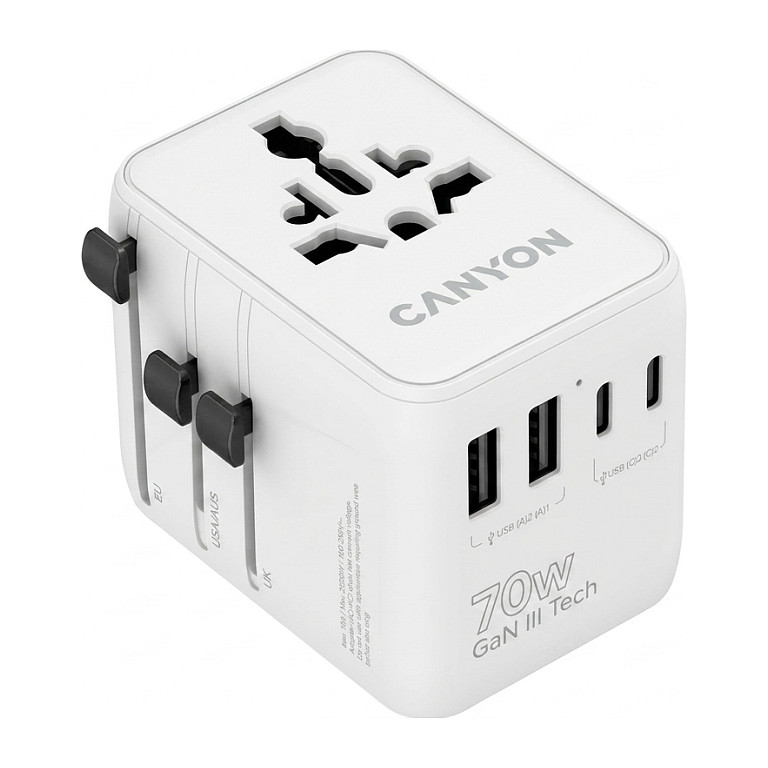 Adapter Udhëtimi CANYON OnTour 70 / CNS-TA70W1006W / 70W / GaN / 3x USB-C / 2x USB-A / PD / EU/UK/US/AUS / LED - Bardhë