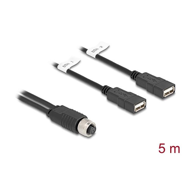 Kabllo M12 DeLOCK 60652, M12 A-coded 8-pin në 2 × USB 2.0 Type-A, IP67, 5 m - Zezë - 2