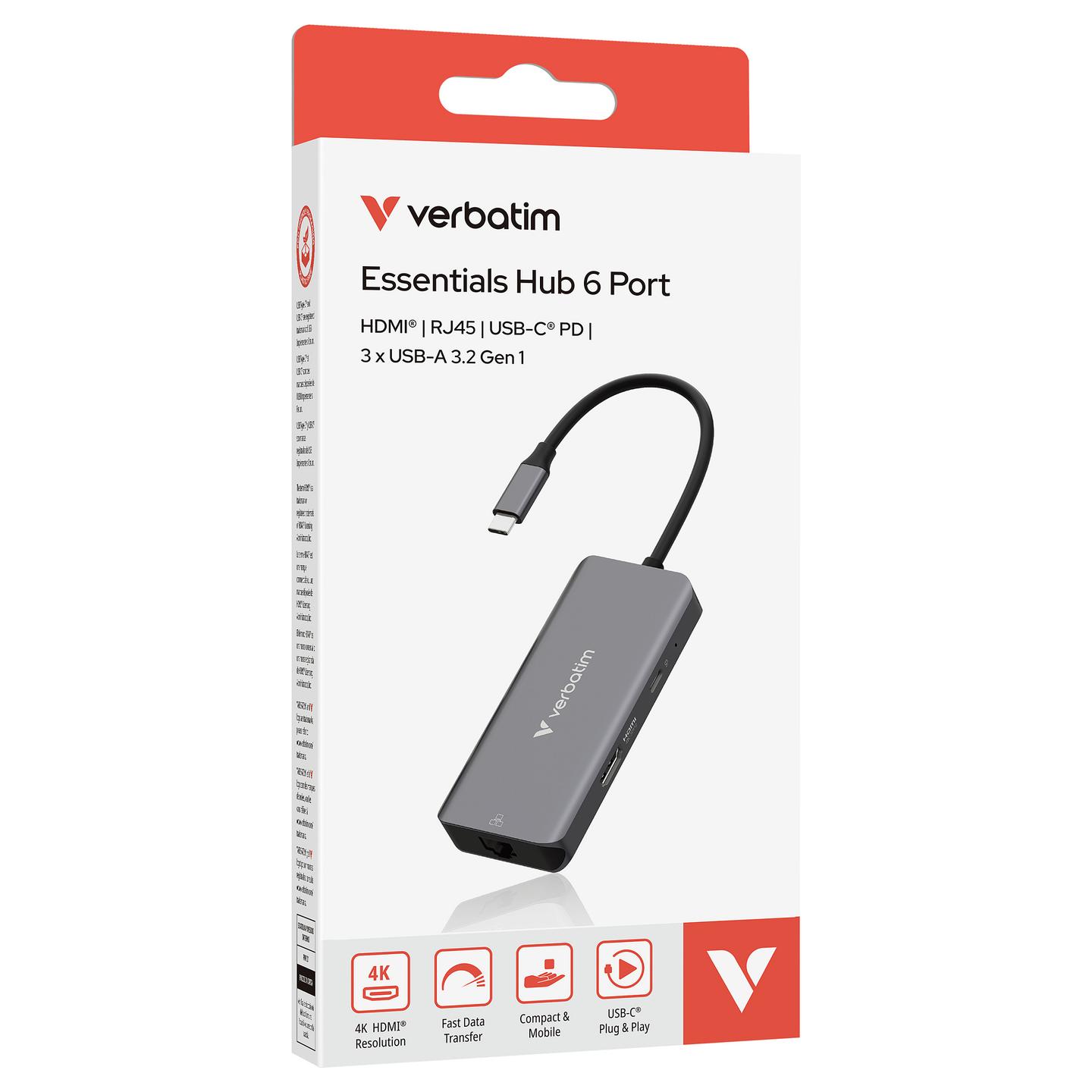 Hub USB-C Verbatim 32157, 6 Porta, HDMI 4K 30Hz, 3x USB-A 3.2 Gen 1, Gigabit Ethernet, USB-C PD 100W – Gri - 3
