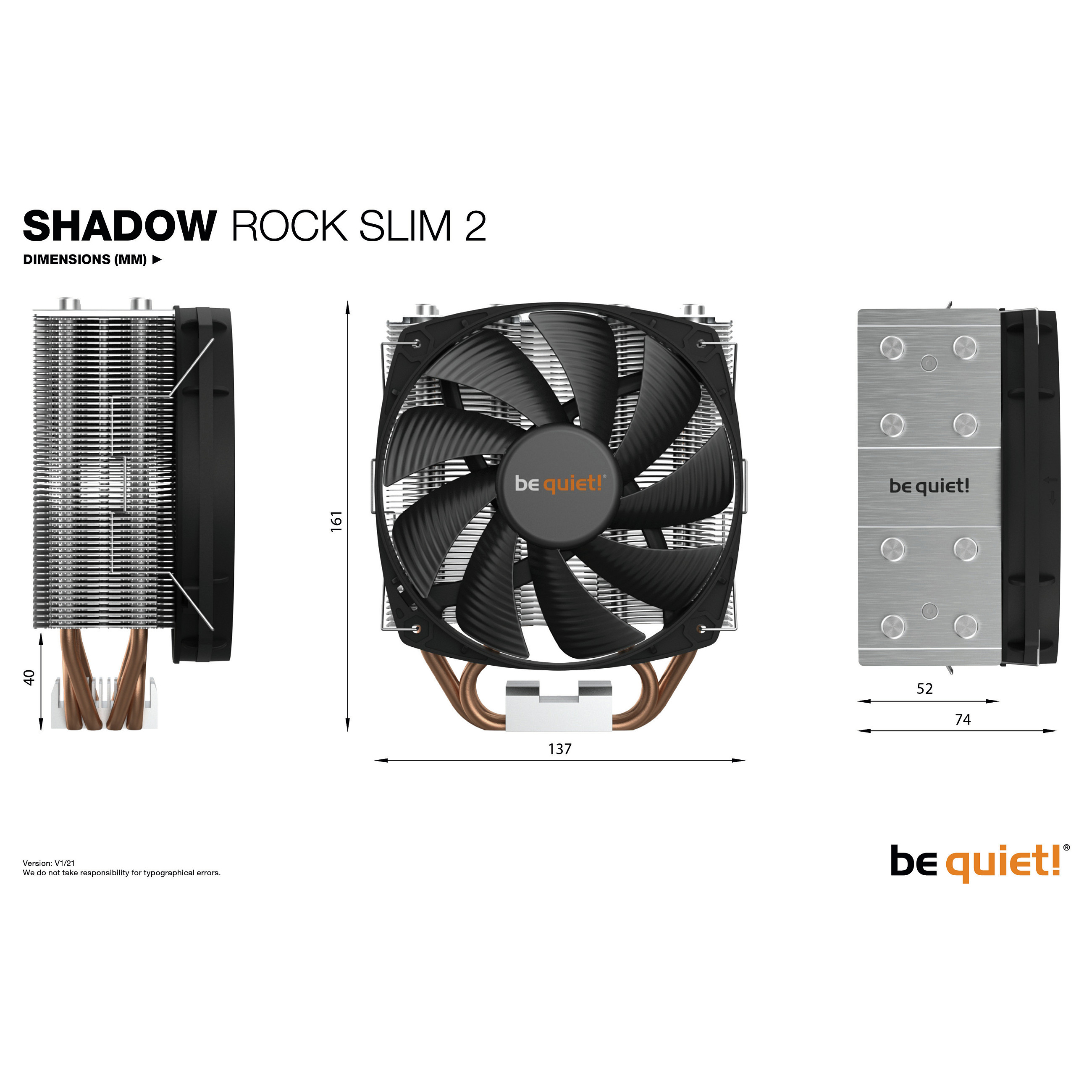 Ftohës për Procesor be quiet! Shadow Rock Slim 2 / 135mm Fan / 1400 RPM / Rifle Bearing / 137×74×161mm – Alumin/Zezë/Bakër - 8