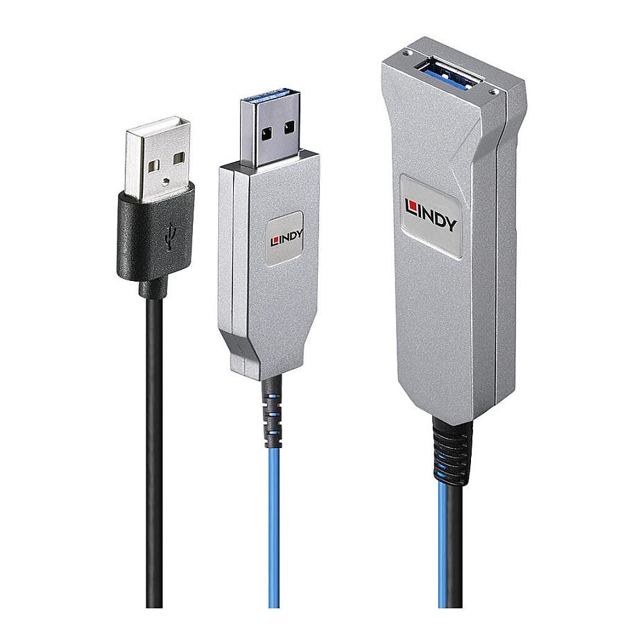 Kabllo USB Lindy 43345 / USB 3.2 Gen 1 / Type-A Mashkull në Type-A Femër / Fibër Optike / 30m / 5Gbps – Blu