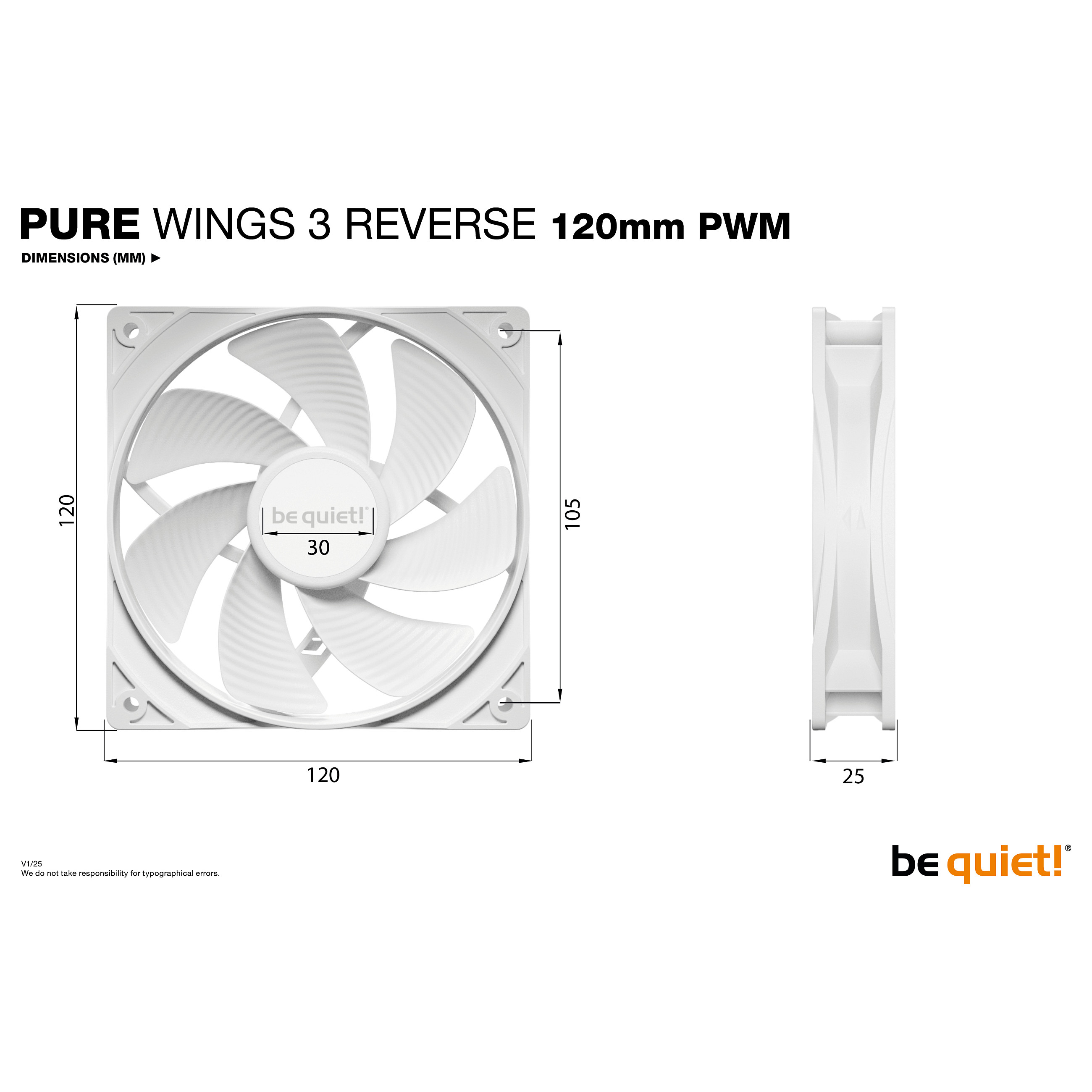 Ftohës për Kasë be quiet! Pure Wings 3 Reverse / 120mm / 1500 RPM / PWM / 3-Pack – Bardhë - 4