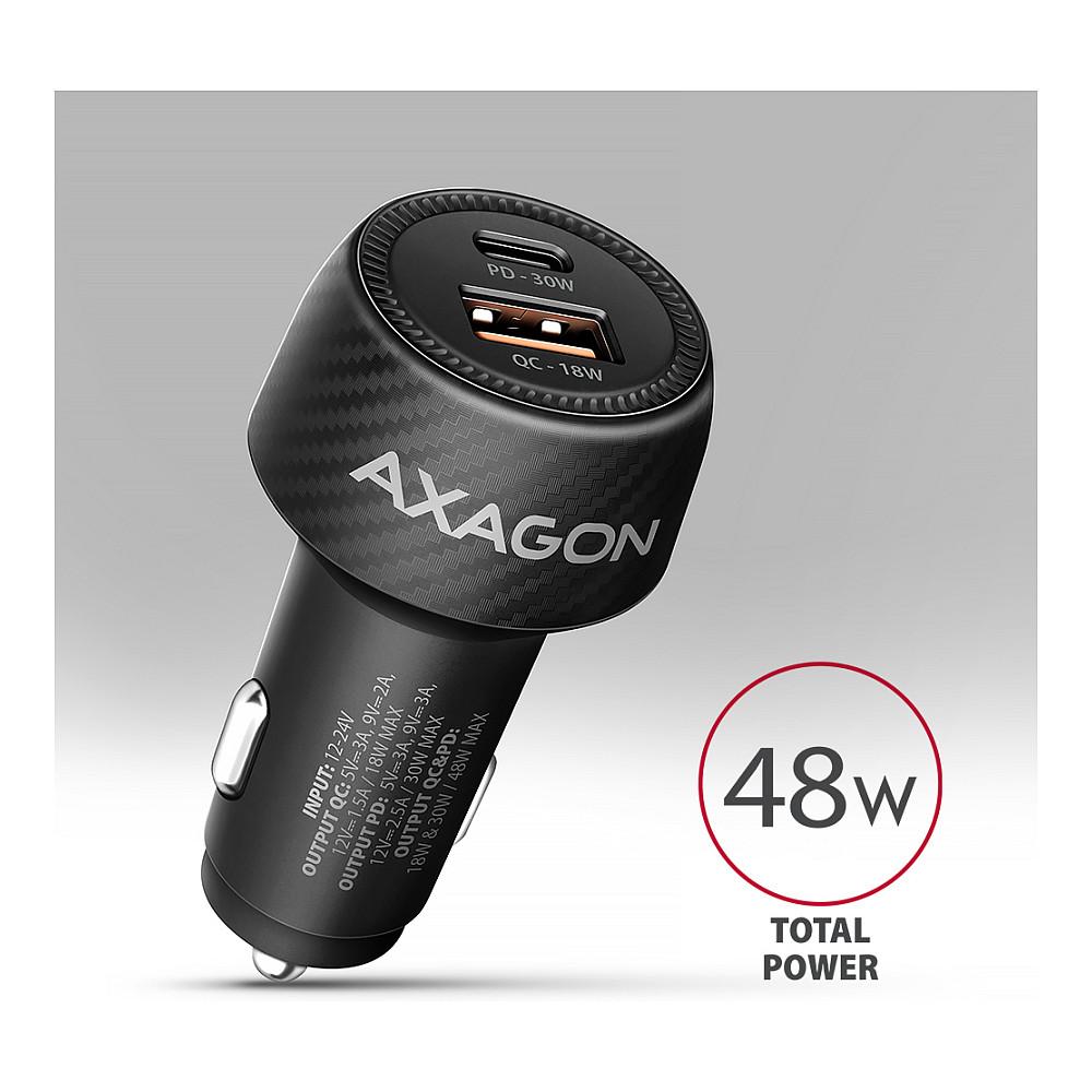 Adapter Telefoni për Veturë AXAGON PWC-PQ48 / 48W / USB-C 30W + USB-A 18W / Power Delivery 3.0 + Quick Charge 3.0 - Zezë - 2
