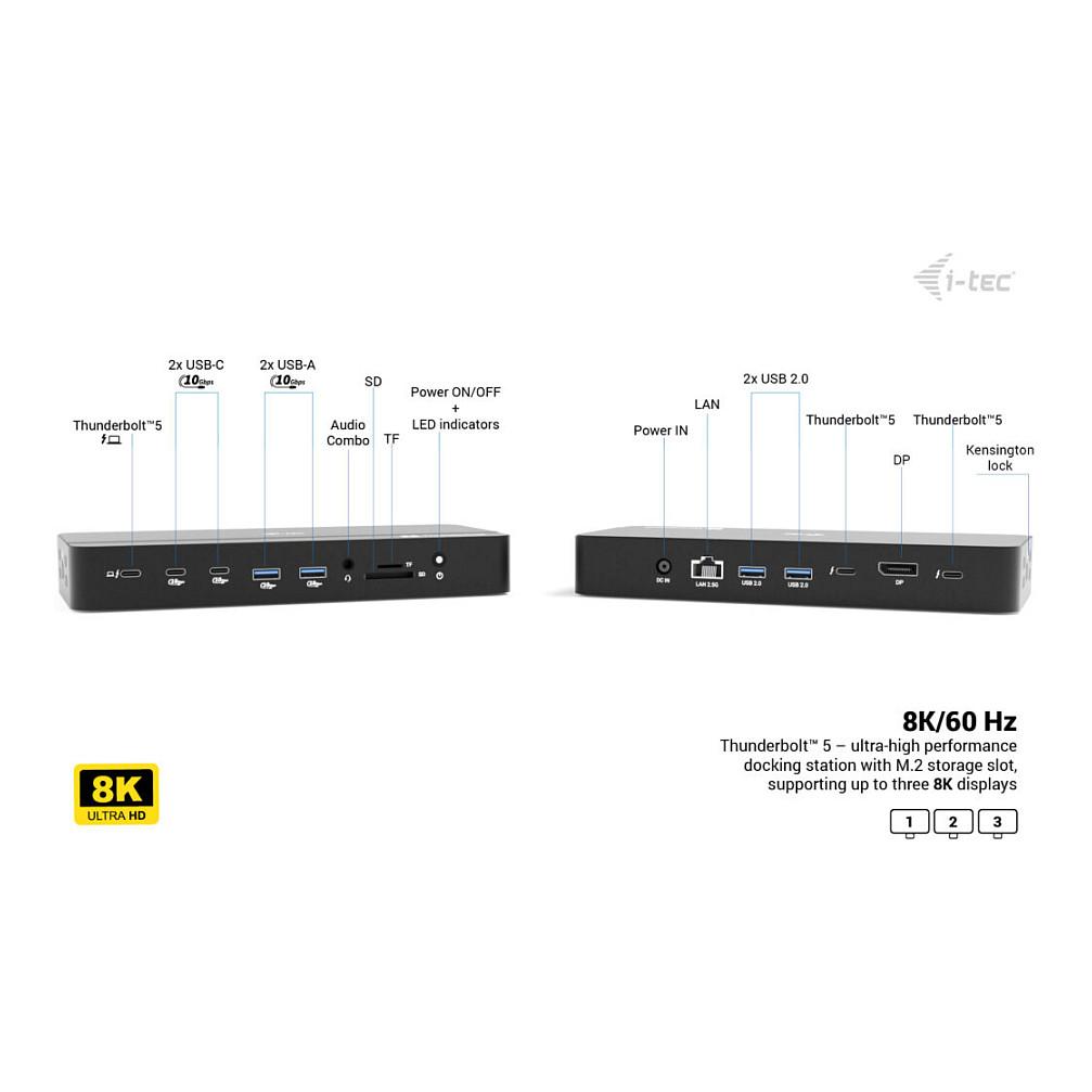 Docking Station i-tec TB5TRIPLEDOCKM2PD / 2x Thunderbolt 5 / 4x USB-A / 2x USB-C / DisplayPort / 2.5GbE / M.2 NVMe / SD-microSD / 140W PD – Zezë - 4