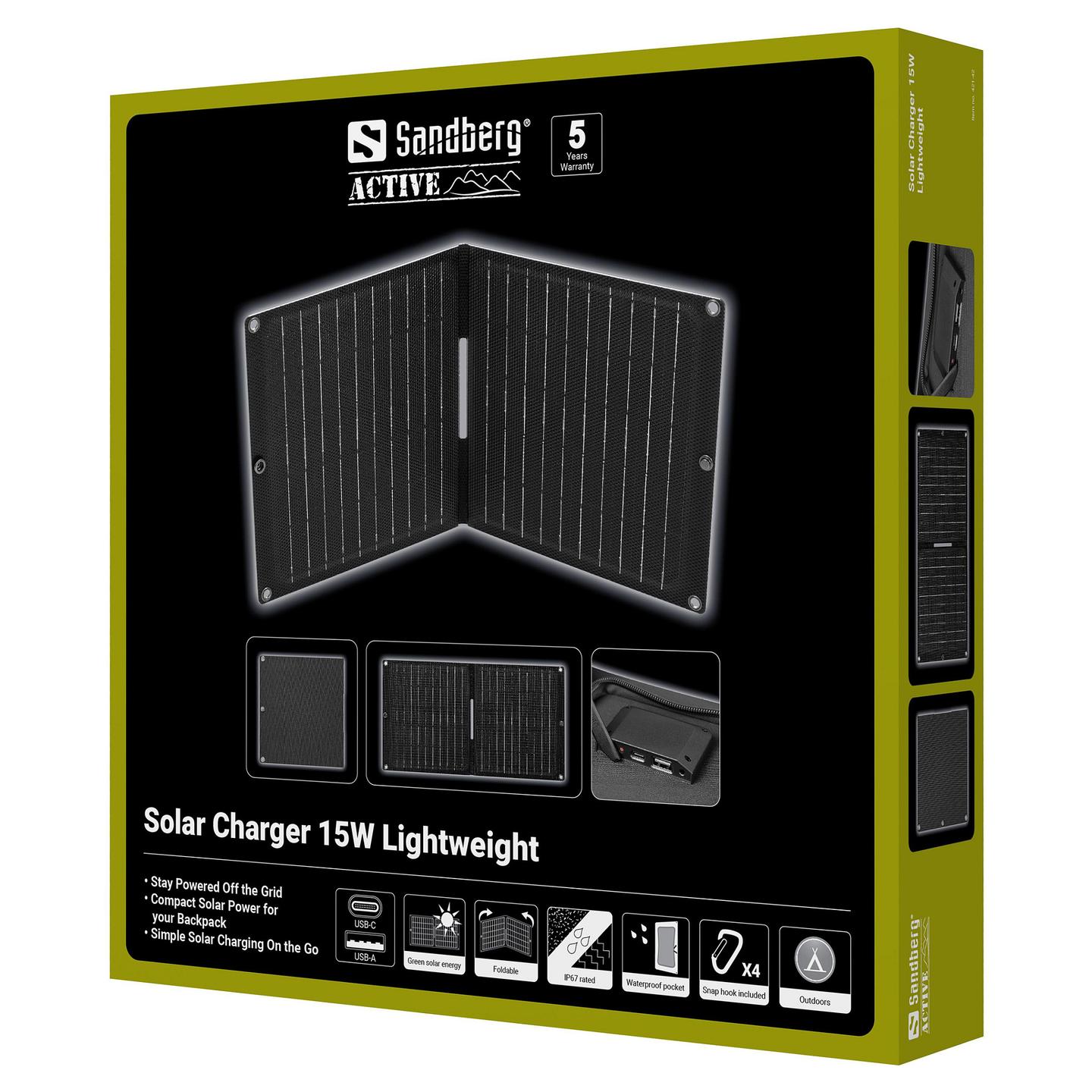 Karikues Diellor Sandberg Solar Charger 15W Lightweight 421-42 / 15W / 2x USB-A / USB-C / Monokristalin - Zezë - 7